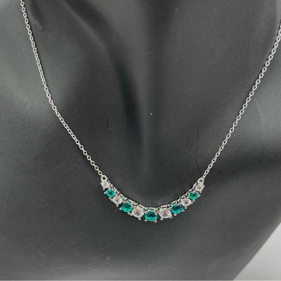 Lab Green Emerald and White Sapphire Bar Silver Necklace - Picture 6 of 8
